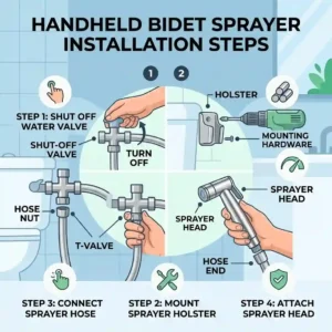 Vector illustration showing the step-by-step installation process of a handheld bidet sprayer to a toilet tank water line.