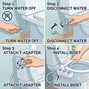 Step-by-step DIY installation diagram for attaching a dual nozzle bidet to a standard toilet bowl.