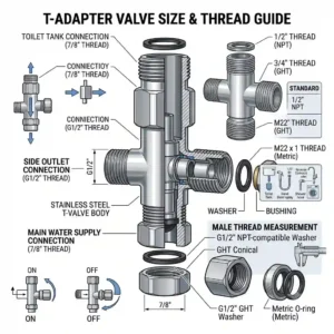 Thread connection measurement guide for standard toilet tank t adapter valve sizes.