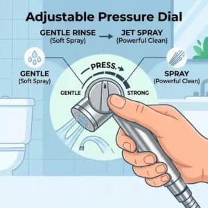 Close-up illustration showing adjustable water pressure options on a bidet shattaf sprayer head, from gentle rinse to jet spray.