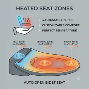 "Diagram showing the adjustable temperature heated seat zones of a comfortable auto open bidet seat."
