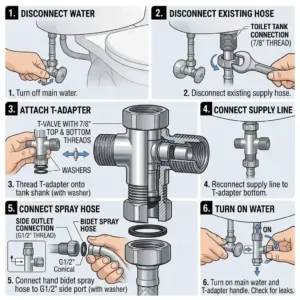 Illustrated step-by-step instructions showing how to install a t adapter valve on plumbing.