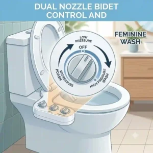Detailed view of the control panel on a dual nozzle bidet adjusting water pressure and spray settings.