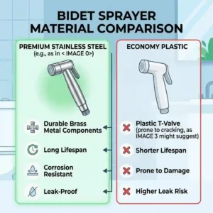 Side-by-side comparison chart illustrating the durability differences between heavy-duty stainless steel and plastic handheld bidet kits.