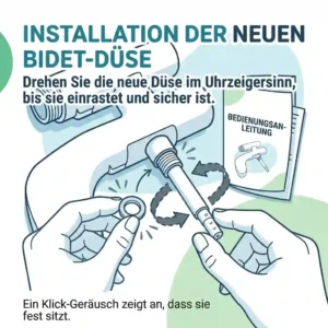 A detailed product diagram highlighting a dual-function bidet nozzle replacement featuring separate feminine and posterior wash outlets.