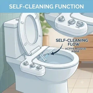 Infographic illustrating the automatic self-cleaning nozzle mechanism of a hygienic dual nozzle bidet.