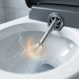 "Retractable stainless steel self-cleaning wand extending from an auto open bidet seat."
