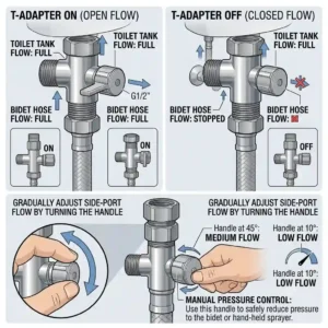 Close-up of the flow control lever on a t adapter valve indicating on and off positions.