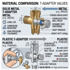 Material quality comparison showing a durable solid brass t adapter valve next to a plastic version.