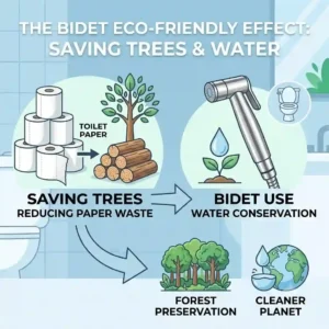 Infographic displaying environmental benefits and money saved on toilet paper by using a handheld toilet bidet sprayer.