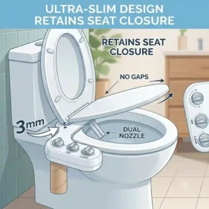 Side-profile view demonstrating the ultra-slim fit of a dual nozzle bidet between the toilet seat and bowl.