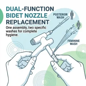 Water spraying evenly from the attachment during a post-installation pressure test of the new bidet nozzle replacement.