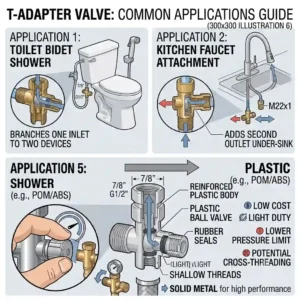 Graphic displaying various uses for a t adapter valve in kitchens, bathrooms, and for appliances.