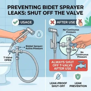 Explanatory graphic highlighting the importance of turning off the T-valve on a handheld bidet shower after each use to prevent leaks.
