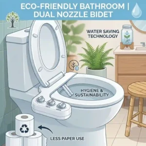 Eco-friendly bathroom setup emphasizing toilet paper reduction by using a non-electric dual nozzle bidet.