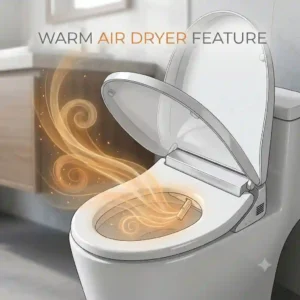 "Visual representation of the comforting warm air dryer function on an auto open bidet seat."