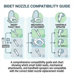 A comprehensive compatibility chart showing which smart toilet seats and mechanical attachments work best with this bidet nozzle replacement.