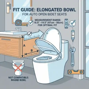 "Installation fit guide diagram comparing elongated and round bowls for an auto open bidet seat."