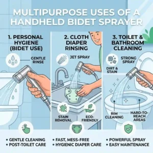 Graphic showing the multi-functional uses of a handheld shattaf bidet, including cloth diaper rinsing and toilet cleaning.
