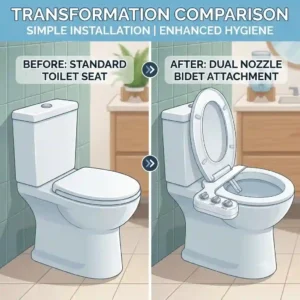 Split comparison graphic showing a standard toilet seat vs a toilet upgraded with a functional dual nozzle bidet.