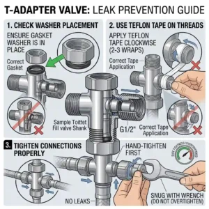 Technical drawing demonstrating proper washer placement and teflon tape use on a t adapter valve to prevent leaks.