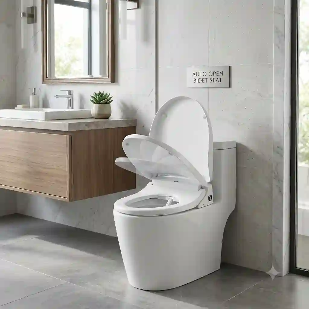 A luxurious modern bathroom featuring a sleek white auto open bidet seat with its lid automatically lifting.
